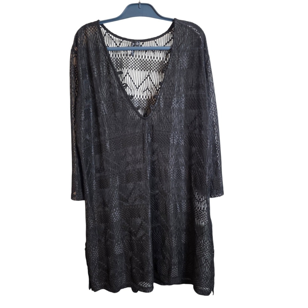 Portocruz Black Crochet Lace Swim Cover Up Dress 1X Boho Beachy Sheer Tunic